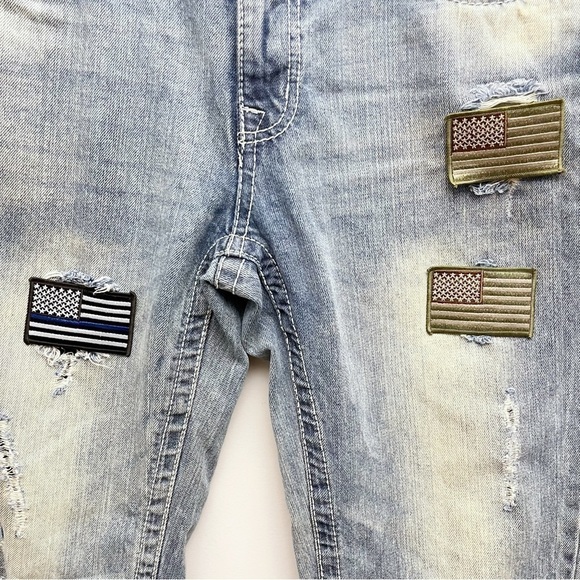 Vintage Machine Distressed Flag Patchwork Straight Leg Jeans Men’s 32 X 34 - Picture 3 of 16